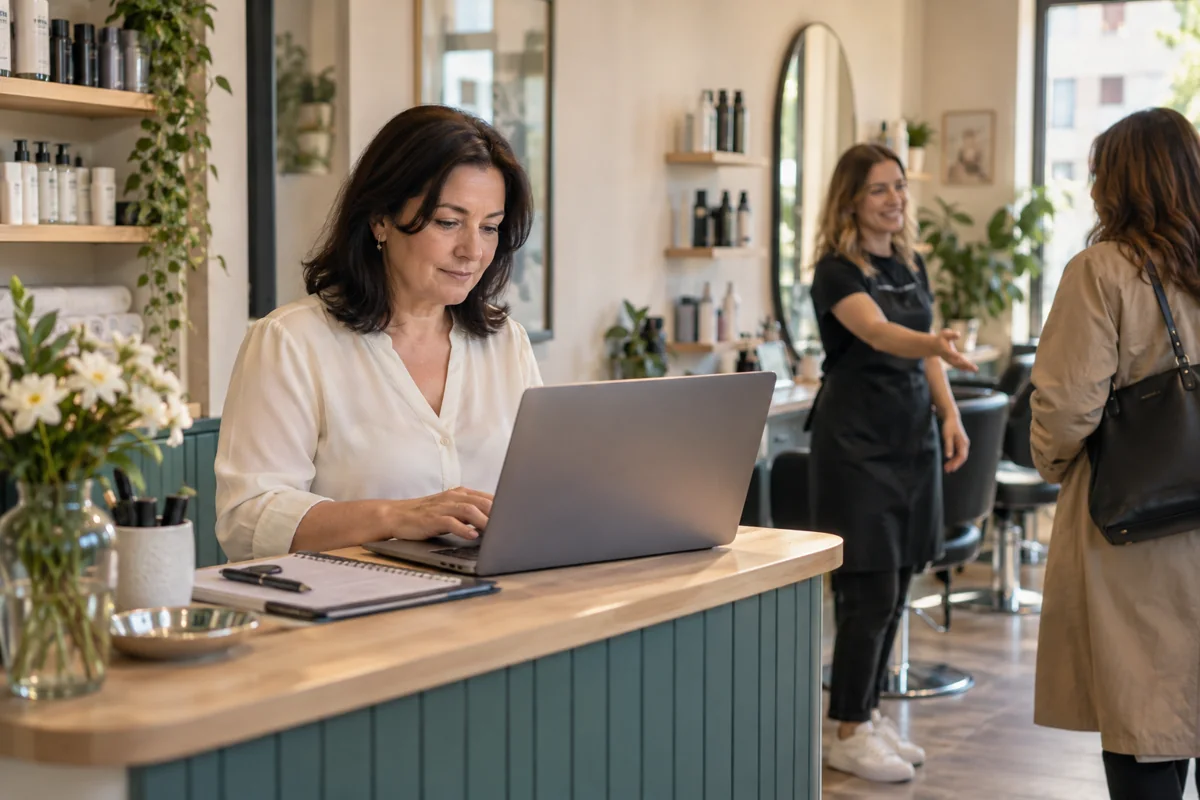 Recepționeră lucrează la laptop în timp ce o colegă întâmpină o clientă.