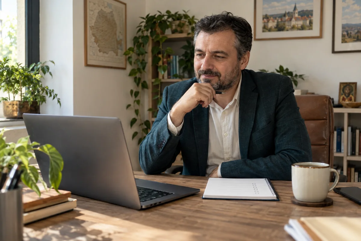 Consultant pregătește o conversație cu un potențial client folosind un laptop și un caiet.