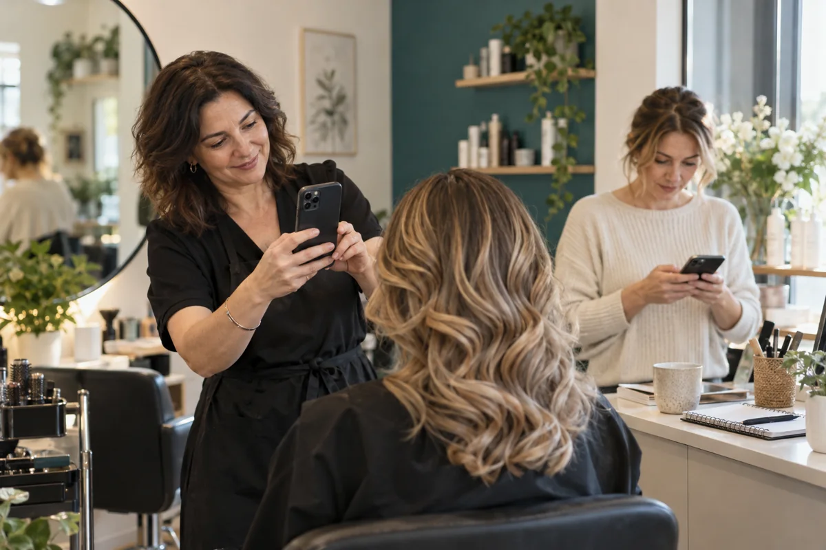 O proprietară de salon pregătește conținut cu telefonul, iar colega urmărește mesajele.