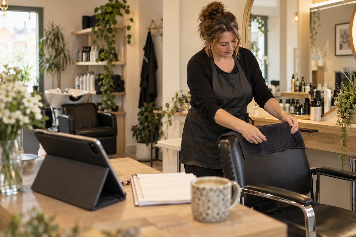 Un salon pregătit pentru o programare, cu un caiet de agendă și o tabletă la recepție.